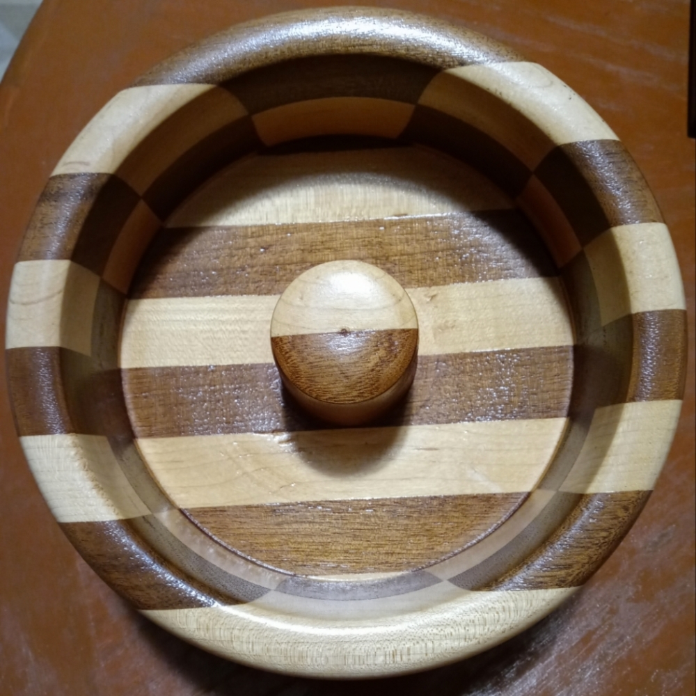 Wooden Checkered Nut Cracker Bowl